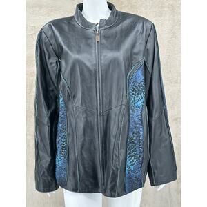 Koos‎ Of Course Jacket Womens 2X Black Leather Mixed Media Animal Print Artsy